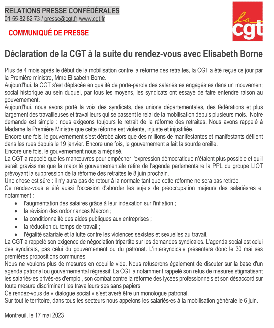 Declaration CGT Suite au rendez vous avec Elisabeth Borne